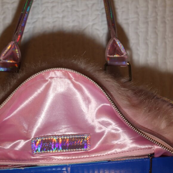 SOLD-Dolls Kill Cotton Candy Pink Fuzzy Faux Fur Holographic Weekender Bag - Picture 7 of 12